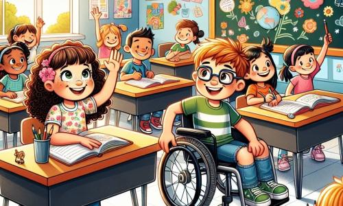 In un'aula luminosa, vediamo **Laura**, una ragazza di 8 anni con capelli castani e ricci, che indossa una bella maglietta a fiori e un pantaloncino di jeans. È seduta a un banco, sorridente, mentre alza la mano per fare una domanda. Accanto a lei c'è **Marco**, un ragazzo di 8 anni con capelli biondi e occhiali, seduto sulla sua sedia a rotelle, con una matita e un quaderno in mano, pronto a scrivere. L'aula è decorata con disegni colorati appesi alle pareti, con una grande lavagna nera davanti e finestre che lasciano entrare la luce del sole, illuminando i volti dei bambini. I libri e le forniture scolastiche sono sparsi sui banchi, creando un'atmosfera gioiosa e studiosa. La scena principale mostra Laura e Marco, circondati dai loro compagni di classe, mentre condividono i loro sogni per l'anno scolastico su una grande lavagna. I bambini sono tutti entusiasti e sorridenti, creando un'atmosfera di amicizia e entusiasmo per il ritorno a scuola.