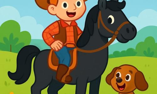 Ein Cowboy namens Ben steht stolz und lächelnd auf seinem prächtigen schwarzen Hengst Blitz. Er trägt einen breiten Cowboyhut, ein rotes kariertes Hemd und eine Lederweste. Seine Augen strahlen vor Aufregung und Entschlossenheit, während er sich auf ein großes Rodeo-Turnier vorbereitet. Neben ihm sitzt ein kleiner brauner Hund mit hängenden Ohren und funkelnden Augen, der Ben bewundernd ansieht, während er fröhlich mit dem Schwanz wedelt. Die sonnige Wiese ist mit bunten Wildblumen übersät und im Hintergrund sind grüne Hügel zu sehen. Der Himmel ist strahlend blau mit ein paar flauschigen weißen Wolken. Die Hauptsituation zeigt Ben und Blitz, die sich auf den Eintritt in die Arena des Turniers vorbereiten, umgeben von begeisterten Zuschauern, die applaudieren und die Cowboys anfeuern. Die Atmosphäre ist voller Energie und Aufregung, bereit für das bevorstehende Abenteuer.