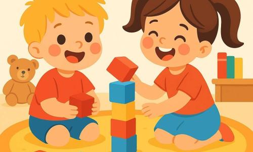 A 2-year-old boy with messy blonde hair and sparkling eyes is sitting on a fluffy rug. He joyfully smiles, his round rosy cheeks showing his excitement as he holds a red block in his small hands. Next to him, his 4-year-old sister with brown hair in pigtails laughs while holding a blue block, slightly leaning forward, ready to build a tower. The rug is scattered with colorful blocks: red, blue, and yellow, creating a vibrant rainbow. In the background, stuffed toys and books are scattered, adding a warm touch to the room. The main scene shows the boy and his sister building a block tower, their faces lit up with laughter and joy, as the blocks begin to wobble, ready to fall.
