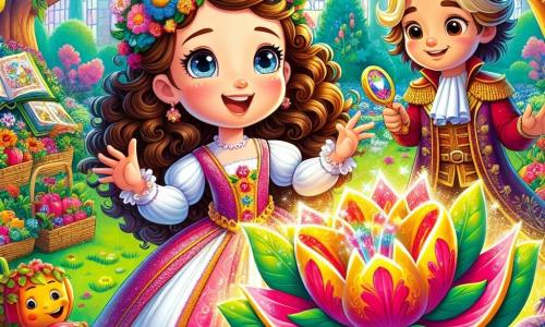 Ein 8-jähriges Mädchen, Lina, mit langen lockigen Haaren und neugierigen Augen steht inmitten eines magischen Gartens. Sie trägt ein buntes, mit Blumen verziertes Kleid und zeigt ein großes, staunendes Lächeln. An ihrer Seite steht Sir Spiegelherz, ein etwa 10-jähriger Ritter mit glänzender Rüstung und einem kleinen Spiegel in der Hand, der Lina ermutigend ansieht. Der Garten ist üppig, gefüllt mit leuchtenden Blumen, lustigen Gemüsesorten und einem großen Baum mit dichtem Laub, unter dem ein magisches Album versteckt ist. Im Mittelpunkt der Szene öffnet sich eine riesige Blume mit funkelnden Blütenblättern und enthüllt ein buntes Album. Lina und Sir Spiegelherz bereiten sich darauf vor, den Inhalt des Albums zu entdecken, umgeben von fröhlichen Gemüsen, die um sie herumtanzen und eine fröhliche, magische Atmosphäre schaffen.