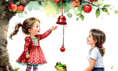Ein fröhliches, verschmitztes vierjähriges Mädchen mit hellbraunen Zöpfen, unpassenden Socken und gelben Gummistiefeln hält ein kleines rotes Glöckchen an einen niedrigen Ast eines alten, knorrigen Apfelbaums; kein Junge zu sehen; die Mutter kniet rechts auf dem Rasen, Haare gebunden, schlicht gekleidet und lächelnd beobachtend; Ferdinand, ein kleiner leuchtend grüner Frosch mit winziger goldener Krone, sitzt auf einem Stein am Baumfuß und reicht mit einem dünnen Stab wie einem Haken helfend, mit frechem Ausdruck; Mimi, eine getigerte Katze, klettert im Astwerk links-mittig, Pfoten in der Luft, glänzende Augen und zuckende Schnurrhaare, vom Glöckchen angezogen; am Baum hängen bereits vereinzelte bunte Glöckchen (rot, gelb, grün), der Rasen ist mit Wildblumen gesprenkelt, eine kleine Matschepfütze neben den Stiefeln, blassblauer Himmel mit wenigen Wolken — eine helle, liebevolle und heitere Szene des chaotischen Augenblicks.