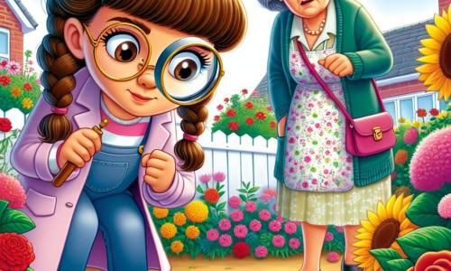 A young detective, Mia, an eleven-year-old girl with braided brown hair and round glasses, is examining paw prints in Mrs. Green's flower garden. She has a determined and curious look, holding a magnifying glass in her right hand and a pink notebook in her left. Mrs. Green, an elderly woman around sixty with gray hair and a floral apron, stands beside her, looking worried with her hands on her hips. The garden is filled with colorful flowers, including red roses and yellow sunflowers, with a white wooden fence in the background. Mia carefully inspects the ground, searching for clues, while Mrs. Green looks around, hoping to find her precious locket.