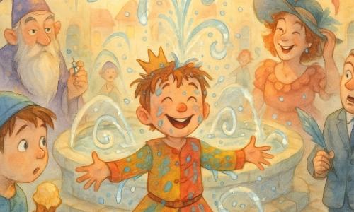 El príncipe Lilo (niño ~10 años), rostro redondo, ojos brillantes y sonrisa traviesa, con pequeña corona ladeada y túnica colorida, está sorprendido y alegre, empapado por una gran salpicadura con los brazos abiertos; a la izquierda en segundo plano, Maese Tiralí (hombre ~60 años), barba blanca y túnica violeta estrellada, levanta una ceja divertido y sostiene un pequeño silbato de cristal; a la derecha, la Alcaldesa Bruma de Risa (mujer ~45 años) con sombrero de plumas y vestido con volantes ríe y recoge su sombrero dejando caer plumas mojadas; en primer plano, un niño con gorro azul (~7 años) de cabello castaño mira al príncipe con asombro mientras su cono de helado se derrite; Don Recto el Correcto (hombre ~50 años) de traje impecable está apartado, boca entreabierta, sujetando con cautela una pluma azul; en el centro, una gran fuente circular de piedra clara con pavimento brillante y pequeñas fuentes secundarias que forman arcos en espiral; las fuentes danzan violentas pero alegres: chorros que forman bigotes, círculos y pequeños dragones, salpicaduras y gotas suspendidas; los vecinos ríen y esquivan en una plaza de casas pastel con ventanas como caramelos; estilo acuarela suave con pinceladas vivas, texturas húmedas y luz dorada de atardecer.