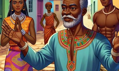 In einem farbenfrohen afrikanischen Dorf steht ein etwa 50-jähriger Mann namens Tunde im Mittelpunkt. Er hat eine tiefbraune Haut, graue Haare und trägt eine traditionelle Tunika mit bunten Mustern. Sein Gesicht strahlt Weisheit und Gelassenheit aus, während er die Arme hebt, um die Dorfbewohner um sich zu versammeln und zur Einheit aufzurufen. Rechts von ihm hört der muskulöse Kofi, etwa 30 Jahre alt, mit entschlossenen Augen aufmerksam zu. Er trägt eine einfache Hose und ein schlichtes Oberteil, bereit, seine Meinung zu verteidigen. Links von Tunde steht Anika, eine etwa 28-jährige Frau mit langen geflochtenen Haaren und einem warmen Lächeln, die in einem bunten Kleid und mit funkelnden Perlenarmbändern bereit ist, einzugreifen. Der Ort ist ein großer, offener Platz im Dorf, umgeben von Lehmhütten und grünen Palmen. Der Himmel ist strahlend blau, und die Sonne scheint, was eine warme, einladende Atmosphäre schafft. Die Hauptsituation zeigt Tunde, Kofi und Anika, die leidenschaftlich diskutieren, während sich andere Dorfbewohner um sie versammeln und aufmerksam zuhören. Die Stimmung ist sowohl angespannt als auch hoffnungsvoll, während sie gemeinsam nach einer Lösung suchen, um die Harmonie in ihrer Gemeinschaft wiederherzustellen.