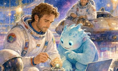 Luca, astronauta di circa 35 anni dal volto dolce e concentrato, casco accanto, seduto su una panca metallica mentre collega un piccolo sensore luminoso a un portatile con mani attente e tuta spaziale bianca con stemmi colorati; un altro astronauta di circa 40 anni, timido e sollevato, sta sullo sfondo vicino a una navetta usurata con le mani sul bordo, guardando Luca con gratitudine; la guardiana Zil, pelle azzurro pallido, grandi occhi luminosi e silhouette rotonda e amichevole, è accovacciata accanto a Luca indicando un dettaglio sul sensore con un sorriso benevolo; ambientazione in un chiostro stellare sospeso nello spazio con pavimenti metallici, pannelli traslucidi, balconi arrotondati, luci calde e fili luminosi, volta di stelle e comete sullo sfondo; scena di riparazione collaborativa, Luca e Zil affiancati concentrati sul sensore che emette piccoli anelli di luce, navetta e altro astronauta sullo sfondo, atmosfera morbida, intima e leggermente magica, palette acquerello pastello (blu, viola, oro rosa) con tocchi di giallo caldo.