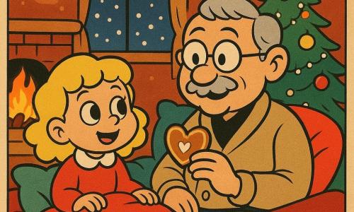 Emma, una bambina di 4 anni con capelli biondi ricci e grandi occhi curiosi, è seduta in un nido accogliente fatto di coperte rosse e cuscini colorati, con un sorriso meravigliato sul volto. Accanto a lei, il signor Carlo, il vicino anziano con capelli grigi e occhiali rotondi, è seduto comodamente nel nido, tenendo un biscotto a forma di cuore, con un sorriso caloroso sulle labbra. Sono circondati da luci di Natale scintillanti e da un albero decorato con ghirlande e ornamenti brillanti. La scena si svolge in un salotto accogliente, con un fuoco scoppiettante nel camino e fiocchi di neve visibili attraverso la finestra. L'atmosfera è calda e festosa, piena di colori vivaci e dettagli gioiosi.