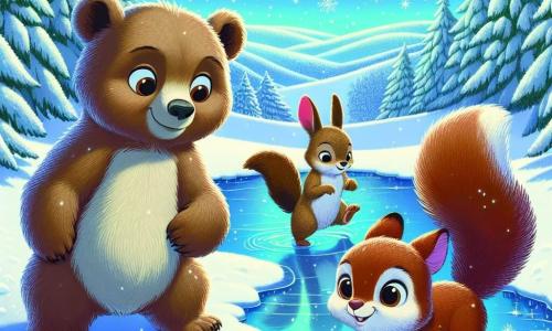 Un joven oso pardo llamado Bruno, con un pelaje suave y ojos llenos de curiosidad, se encuentra al borde de un estanque helado, sonriendo maravillado al observar la superficie brillante del hielo. A su lado, Lila, una pequeña ardilla de pelaje rojizo y ojos vivos, salta de alegría, sosteniendo una pequeña rama con sus patas, mientras que Toby, un adorable conejo de grandes orejas blancas, se acerca con aire curioso, sus patas traseras ligeramente levantadas, listo para explorar. El paisaje es un magnífico entorno invernal, con árboles majestuosos cubiertos de nieve brillante, copos de nieve cayendo suavemente del cielo azul claro y colinas blancas a perder de vista. La escena irradia una atmósfera de alegría y asombro, capturando el espíritu del invierno y la amistad. Bruno, Lila y Toby están descubriendo el misterio del hielo en el estanque, listos para divertirse y aprender juntos en este mundo mágico.