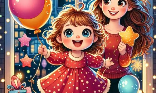 Ein 3-jähriges Mädchen namens Leni mit großen, strahlenden Augen und lockigem, kastanienbraunem Haar springt vor Freude und hält in jeder Hand einen bunten Ballon. Sie trägt ein rotes Kleid mit weißen Punkten, und ihr Gesicht strahlt vor Aufregung und Glück. Neben ihr steht ihre Mutter, eine Frau in den Dreißigern mit langen, glatten Haaren, die freundlich lächelt, während sie ein Fenster mit Papiersternen dekoriert. Sie befinden sich in einer belebten Straße, die von funkelnden Lichterketten und leuchtenden Feuerwerken am Nachthimmel erhellt wird. Die Szene vermittelt eine festliche und magische Atmosphäre, in der Leni und ihre Mutter den Passanten Freude bereiten, indem sie bunte Ballons verteilen und so eine feierliche Stimmung zum Neujahr schaffen.