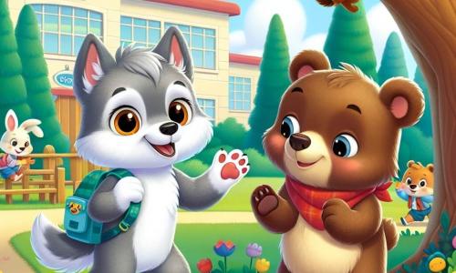 No centro da imagem, Lucas, um pequeno lobo de pelos cinzentos e olhos curiosos, sorri alegremente enquanto estende a pata para Bruno, um urso pardo de traços suaves e olhar tímido, que está ao seu lado com um leve sorriso no rosto. Lucas usa uma mochila colorida, e Bruno tem um cachecol vermelho ao redor do pescoço, adicionando um toque acolhedor à sua aparência. Ao fundo, vemos Bela, uma coelhinha branca e vaidosa com grandes orelhas, pulando de alegria, e Tomás, um esquilo travesso com uma cauda fofa, aplaudindo com entusiasmo. Ambos estão perto de uma grande árvore, onde folhas verdes dançam ao vento. O cenário é de um pátio escolar ensolarado, cercado por flores coloridas e brinquedos de madeira, com crianças rindo e brincando ao fundo. No fundo, há um prédio escolar acolhedor com janelas brilhantes. A situação principal mostra Lucas e Bruno, mão na pata, prontos para entrar na sala de aula juntos, simbolizando o início de uma bela amizade e uma aventura escolar cheia de descobertas.