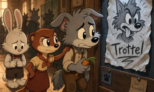 Milo, ein kleiner anthropomorpher Wolf mit sanften Zügen, hellgrauem Fell, großen Schlappohren und glänzenden runden Augen, ist überrascht und traurig: Stirn gerunzelt, Kiefer angespannt, zusammengesunken, hält eine kleine Karotte und starrt auf ein am Anschlagbrett befestigtes, zerknittertes Blatt mit einer groben, gemeinen Karikatur von ihm und dem krakligen Wort TROTTEL; links steht Fina, eine kleine Marder-ähnliche Weasel mit lebhaften Augen und rötlich-braunem Fell, bestimmt und beschützend, die Pfote leicht auf Milos Schulter, dahinter Kuno, ein kleiner weißer Hase mit flauschigem Fell und hohen Ohren, schuldbewusst aber entschlossen, Kopf leicht gesenkt; Szene im warmen Holzflur einer Waldschule, weiches Licht mit einem kühleren Strahl auf dem Anschlagbrett, verschwommene Tiergestalten im Hintergrund, Dreiviertelansicht, pastellkontraste (Grau, Rotbraun, goldenes Holz, kühles Blau am Brett), zerknitterte Papier- und Holzmaserungstexturen, zugleich bewegende und tröstliche Stimmung, expressive, abgerundete Rubber-Hose-Ästhetik, klare Linien und weiche Schatten, Moment der Entdeckung des verletzenden Bildes mit Fokus auf sichtbare Emotionen, Blickspannung und Lichtkontrast.