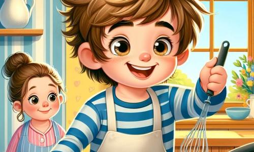 Un ragazzo di 6 anni, con i capelli castani in disordine e gli occhi scintillanti di gioia, si trova in una cucina luminosa. Indossa un pigiama a righe blu e un grande sorriso sul volto, mentre versa la pastella per pancake in una padella calda. Accanto a lui, sua madre, una donna di circa trent'anni con i capelli castani raccolti in uno chignon, lo osserva con orgoglio, tenendo una frusta in una mano e un sorriso incoraggiante sul volto. La cucina è accogliente, con muri gialli e finestre che lasciano entrare la luce del mattino, e un tavolo di legno decorato con un bel vaso di fiori colorati. In questa scena, il ragazzo sta preparando una sorpresa speciale per la festa del papà, creando un'atmosfera gioiosa e piena d'amore.