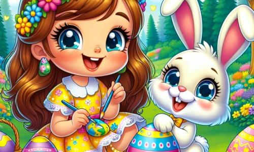 Una bambina di 6 anni, Sofia, con lunghi capelli castani e occhi brillanti di gioia, sta dipingendo uova di Pasqua colorate. Indossa un vestito giallo decorato con fiori multicolori e un grande sorriso illumina il suo viso, mostrando il suo entusiasmo. Accanto a lei, un coniglietto di Pasqua, un adorabile coniglio bianco con occhi blu brillanti e un naso rosa, sta decorando un uovo con strisce blu e gialle. Il decor è un giardino incantato, pieno di fiori vivaci e alberi verdi, dove uova di Pasqua colorate sono sparse sull'erba. La scena trasmette un'atmosfera gioiosa e festiva, con Sofia e il coniglietto che ridono insieme, circondati dall'eccitazione dei preparativi per la Pasqua.