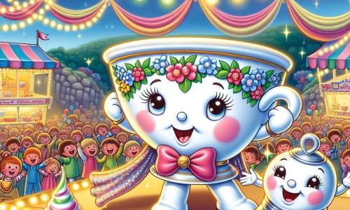 Tilly, a small white porcelain cup decorated with colorful flowers, stands on a carnival stage with her lid slightly open, displaying an expression of excitement and determination. Her handle is raised, ready to shine under the sparkling lights. Next to her, Benny, a cheerful little silver bell, jumps energetically, his eyes sparkling with joy. He emits joyful chimes, encouraging Tilly in her performance. The backdrop is a lively carnival scene, with colorful light garlands, sweet treat stalls, and balloons floating in the blue sky. Children laugh and dance around, creating a festive and warm atmosphere. Tilly is preparing to reveal her comet costume, her iridescent cape floating behind her, while Benny enthusiastically encourages her, ready to showcase their friendship under the stars.