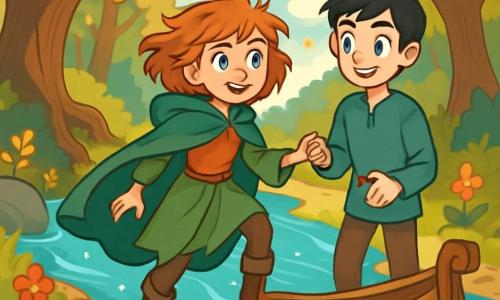 A 12-year-old girl, Elinor, stands at the edge of a sparkling river, her blue-gray eyes shining with excitement and determination. She has messy copper hair and wears an old green cloak that billows around her. She gazes in wonder at a carved wooden boat, ready to take her to the Isle of Dreams. Next to her, a 12-year-old boy, Finn, has raven-black hair and an encouraging smile. He holds Elinor's hand, ready to help her board, his eyes sparkling with adventure. The setting is an enchanted forest with majestic trees, gnarled trunks, and golden leaves shimmering in the sunlight. The bright blue river winds through smooth rocks and colorful flowers dancing in the breeze. The main scene shows Elinor and Finn about to board the boat, surrounded by the magical glow of nature, ready to face the mysteries of their journey to the Isle of Dreams.