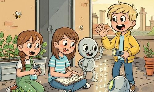 Five characters on a sunny urban rooftop in the afternoon: Maya, ~9, straight brown hair, light-blue striped tee, notebook in hand, sitting center-left writing symbols with a fine pencil; Leo, ~9, tousled blond hair, yellow jacket, holding a small flashlight, standing to Maya’s right with an amazed expression; Nina, ~9, braided hair, green overalls, kneeling left of Maya with a small spray bottle gently watering basil, mint and cherry tomatoes in metal planters; Pello, small alien, round body in a silver coat, smooth head with large black eyes and three long fingers, standing just behind Maya smiling and holding up fingers to count; Kipp, small egg-shaped silver-and-blue robot with three folded legs and a green lens, in front of Maya projecting columns of glowing counting symbols (una, dova, trin…) onto the rooftop. Warm, dynamic scene with joyful expressions, discovery gestures, sparkling water droplets, bees and scattered clay pots, bright mint greens, soft blues, yellows and silver in a retro cartoon style.