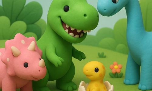 Tino, un Tyrannosaurus Rex, sonríe alegre; piel verde lisa y pequeñas garras redondas, inclina la cabeza y extiende un brazo hacia un huevo roto. Lila, una tricératops rosa pálido con un cuerno corto y manchas blancas, está a la izquierda y mira el huevo con ternura. Dino, un diplodocus azul claro de largo cuello, está detrás, curioso con la cabeza inclinada. El bebé salido del huevo es diminuto, amarillo manchado y aún húmedo, sentado entre Tino y Lila mirando al cielo. La escena ocurre en un claro con hierba verde, grandes hojas, flores y una piedra gris junto al huevo; luz suave, colores pastel y texturas lisas de plastilina visibles. Amigos reunidos alrededor del huevo recién nacido en un recibimiento tierno y juego colectivo.