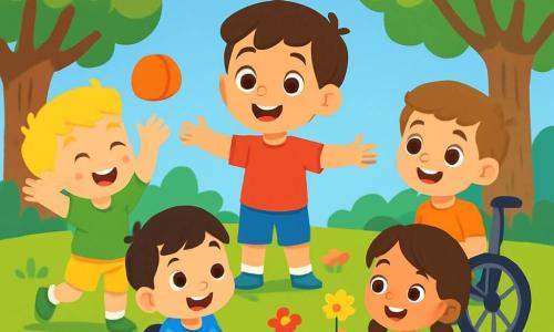 Hay 5 niños: Juan, un niño de 7 años con cabello castaño y ojos brillantes, lleva una camiseta roja y un pantalón corto azul, está de pie sonriendo con los brazos abiertos; Pedro, un niño de 6 años con cabello rubio y pecas, lleva una camiseta verde y un pantalón corto amarillo, está lanzando una pelota lleno de energía; Lucas, un niño de 5 años con cabello negro y ojos marrones, está en un pequeño cochecito rojo sonriendo con las manos en el volante; Tomás, un niño de 8 años con cabello castaño y piel clara, está en una bonita silla de ruedas azul, sonriendo con una camiseta naranja; Ana, una niña de 6 años con cabello largo y castaño trenzado en dos coletas, lleva un vestido rosa con flores, sentada en la hierba rodeada de flores coloridas mostrando una flor a sus amigos. El lugar es un parque soleado lleno de vegetación, con grandes árboles de hojas verdes que ofrecen sombra y flores de varios colores. La situación principal muestra a los niños jugando juntos, riendo y divirtiéndose, imaginando que son superhéroes con poderes especiales mientras descubren los colores de las flores a su alrededor, unidos en alegría y amistad.