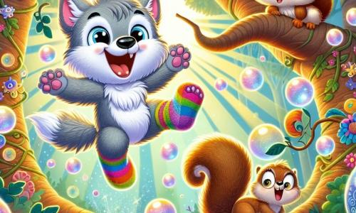 A little wolf named Wally, with soft gray fur and sparkling mischievous eyes, wears a pair of colorful socks that shine with magic. He is joyfully jumping, a big smile on his face, with bursts of laughter floating around him. Next to him, a little squirrel named Sally, with brown fur and a bushy tail, looks at Wally with wide eyes of surprise and joy while trying to join him in his jumps. She is perched on a thick tree branch, ready to leap. The setting is in an enchanted forest, with twisted tree trunks, multicolored leaves, and giant flowers that seem to dance to the rhythm of magic. Sun rays pierce through the foliage, creating sparkling light bursts on the ground. The main scene shows Wally and Sally in the midst of a whimsical adventure, jumping together in the air, surrounded by bubbles of laughter and bright colors, while a wise owl, Oliver, watches them from a branch, an amused smile on his face.