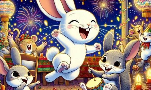 Rabo, un pequeño conejo de grandes orejas y suave pelaje blanco, salta de alegría en el centro de la escena, sonriendo, rodeado de guirnaldas coloridas y luces brillantes. A su lado, Miguelito, un pequeño ratón de pelaje gris y ojos chispeantes, toca alegremente un tambor, con una expresión llena de emoción. Un poco más lejos, Sofía, una adorable ardilla con una cola esponjosa y ojos brillantes, sostiene un plato de pasteles de zanahoria, riendo con felicidad. La escena tiene lugar en la acogedora casa de la mamá de Rabo, decorada con farolillos coloridos y guirnaldas de hojas verdes, con una gran mesa llena de deliciosas golosinas. Al fondo, fuegos artificiales iluminan el cielo nocturno, añadiendo un toque mágico a la atmósfera festiva. La situación principal muestra a Rabo y sus amigos celebrando juntos el Año Nuevo, bailando y riendo, llenos de alegría y entusiasmo, listos para recibir un nuevo año lleno de aventuras.