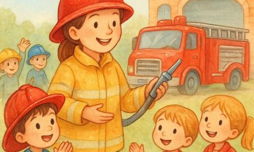 Clara, una bombera sonriente y segura con casco rojo brillante y chaqueta amarilla reflectante salpicada de acuarela, sostiene una manguerita y señala el camión en postura abierta y tranquilizadora. Lucas, niño de unos 6 años, pelo castaño corto y ojos asombrados, lleva un casco de juguete grande y aplaude a la izquierda. Niña de unos 5 años, rubia en coleta, rostro alegre y chaqueta roja, a la derecha sujetando la mano de un compañero. Dos niños más (unos 4–6 años) al fondo con cascos coloridos en fila levantando la mano. Gran camión de bomberos rojo brillante con escaleras plateadas y manguera enrollada frente a una estación de ladrillo con ventanas redondeadas. Día soleado, césped con flores, cielo azul pálido con nubes, ambiente cálido y seguro. Escena: ejercicio de seguridad dirigido por Clara; niños imitan bomberos con gestos claros. Composición centrada, colores suaves, trazos finos y contrastes ligeros con bolígrafo gel blanco.
