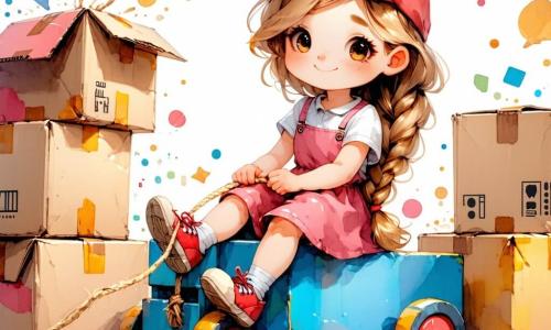 Uma menina de 6 anos, chamada Lila, com longos cabelos cacheados e olhos brilhantes, está sentada em sua máquina colorida feita de caixas de papelão, com um grande sorriso no rosto, cheia de empolgação. Ao lado dela, Max, um garoto de 6 anos com cabelos loiros bagunçados e um boné vermelho, segura uma corda com determinação, pronto para ajudar. Sofia, uma menina de 6 anos com cabelos castanhos trançados, está em pé ao lado, apontando para um lindo lago cintilante, com os olhos brilhando de admiração. Leo, um garoto de 6 anos com óculos e sardas, está sentado no chão, cercado de lanches, rindo alegremente. A cena acontece em uma floresta encantada, com árvores majestosas e folhas verdes vibrantes, e flores coloridas ao longo do caminho. Ao fundo, um lago brilhante reflete o céu azul, enquanto pássaros coloridos voam ao redor. A situação principal mostra Lila e seus amigos explorando, prontos para viver uma aventura incrível, com expressões de alegria e entusiasmo em seus rostos, cercados pela beleza da natureza.