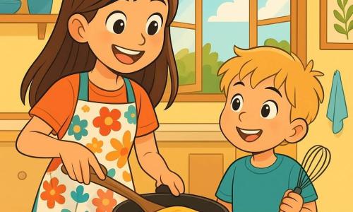 A 10-year-old girl with long brown hair and sparkling eyes stands in a sunny kitchen, smiling and full of excitement. She wears a colorful apron with floral patterns and holds a wooden spatula, ready to flip a golden omelet in a pan. Beside her, her 6-year-old little brother with messy blonde hair and round cheeks watches in admiration, holding a whisk in his small hands. The bright kitchen has pastel yellow walls, a welcoming wooden table, and open windows letting in sunlight and the scent of fresh herbs. Colorful ingredients are spread out on the table: red tomatoes, shiny eggs, and a bunch of green herbs. The main scene shows the girl and her brother preparing a surprise breakfast for their father, filled with enthusiasm and love, creating a magical moment in their warm home.