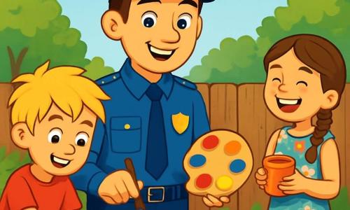 Ein lächelnder und wohlwollender Polizist namens Tom trägt eine blaue Uniform mit einer Mütze. Er hat braunes Haar und neugierige, funkelnde Augen. Tom steht in einem sonnigen Garten, hält in einer Hand einen Pinsel und in der anderen eine Palette mit lebhaften Farben, bereit, einen alten Holzgarten zu malen. Neben ihm steht ein etwa 10-jähriger Junge namens Max mit zerzausten blonden Haaren und einem roten T-Shirt, der bunte Farbtopf auf einem Tisch mischt. Ein weiteres Kind, ein 9-jähriges Mädchen namens Lisa mit geflochtenen braunen Haaren und einem Blumenkleid, steht etwas weiter weg, lacht und hält einen Farbtopf. Der Garten ist voller bunter Blumen, mit einem hellblauen Himmel und grünen Bäumen im Hintergrund. Der alte Holzgarten, der einen frischen Anstrich braucht, ist von Kinderlachen und einer fröhlichen Atmosphäre umgeben. Die Hauptsituation zeigt Tom und die Kinder, die gemeinsam den Garten malen und eine Atmosphäre von Kameradschaft und Kreativität schaffen, während sie die Idee des gemeinsamen Arbeitens zur Verschönerung ihrer Gemeinschaft stärken.