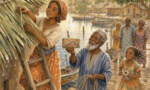 Amina, a young woman with a warm, earth-toned complexion and a round face, smiles calmly as she climbs a small wooden ladder holding bundles of palm leaves and a rope, her clay-stained fingers skilled; Old Tano, about 70, with a thick gray beard and narrowed eyes, stands on the worn wooden dock holding a salted rope and offering a painted board, looking at Amina with pride; a curious eight-year-old girl with tight braids and a colorful dress runs from the riverbank toward them with a spool of twine; the setting is a small African riverside village at late afternoon—colorful dugout canoes moored, adobe houses with palm-thatched roofs, dry grass and mango trees in the background—as Amina repairs her palm-leaf roof under golden light and a few raindrops bead on the new leaves, villagers on the dock watch and smile, creating a warm, peaceful, communal atmosphere.