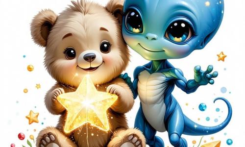In het midden van de afbeelding staat Benny, een ronde en zachte teddybeer met een bruin vacht en glinsterende ogen van nieuwsgierigheid, die verwonderd glimlacht terwijl hij een grote glinsterende ster vasthoudt. Hij is omringd door levendige kleuren en leuke vormen, wat zijn opwinding voor avontuur toont. Naast hem danst Zog, een vriendelijke alien met een felblauwe huid en grote glinsterende ogen, vrolijk met zijn armen omhoog, terwijl zijn vibrerende antennes zijn charme vergroten. Hij draagt een kleurrijke outfit die onder het sterrenlicht schittert. Op de achtergrond is de planeet Fizzlebop een fantastische wereld, vol met kleurrijke planten in vreemde vormen, zwevende ballonnen en een stralende sterrenhemel, wat een magische en vrolijke sfeer creëert. De hoofdscène toont Benny en Zog die hun vriendschap vieren onder een sterrenhemel, omringd door vreemde en blije wezens, terwijl ze samen een grote fruittaart bereiden, wat hun eenheid en culturele uitwisseling symboliseert.