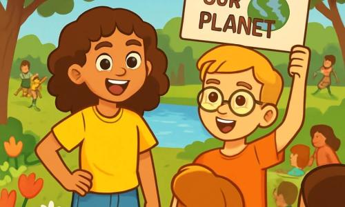 A 12-year-old girl, Mia, with curly brown hair and sparkling curious eyes, stands in the middle of a lush park. She wears a bright yellow t-shirt and denim shorts, displaying a determined and enthusiastic smile. Next to her, her friend Luca, a 12-year-old boy with blonde hair and glasses, is holding a cardboard sign that says 