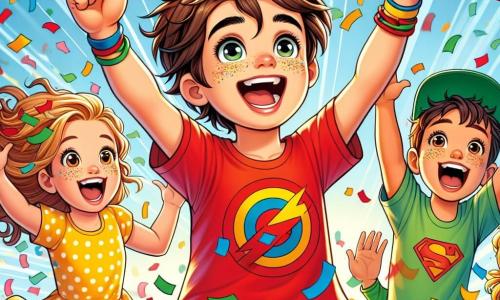 No centro da imagem, Lucas, um garoto de dez anos, está cercado por uma explosão de confetes coloridos que caem ao seu redor. Ele tem um sorriso radiante e olhos brilhantes de alegria, com cabelos castanhos bagunçados. Ele usa uma camiseta vermelha com um logo de super-herói e um short azul, e está pulando de alegria, com os braços levantados para o céu. À sua direita, Pedro, também de dez anos, tem cabelos loiros e usa um boné verde virado. Ele ri alto, com os braços abertos, como se quisesse pegar os confetes que caem. À esquerda, Júlia, uma menina de dez anos com cabelos longos e cacheados, usa um vestido amarelo com bolinhas. Ela dança alegremente, tentando pegar os confetes com as mãos. A cena acontece em um parque ensolarado, com árvores verdes ao fundo, um céu azul brilhante e um banco de madeira onde outras crianças assistem à cena com admiração. A situação principal mostra Lucas, com um grande sorriso, controlando seus poderes de super-herói ao fazer chover confetes coloridos para celebrar o aniversário de seu amigo Pedro, criando uma atmosfera festiva e alegre.