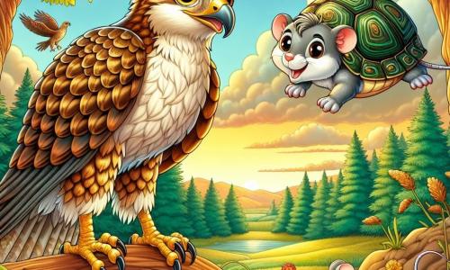 In der Mitte steht ein junger Falke mit goldenem Gefieder und glänzenden, neugierigen Augen auf einem Ast, entschlossen und ein wenig besorgt, während er die Landschaft darunter beobachtet. Rechts von ihm schlüpft eine kleine graue Maus mit funkelnden, neugierigen Augen vorsichtig zwischen den hohen Gräsern hindurch und schaut den Falken bewundernd an. Links sitzt eine alte Schildkröte mit marmoriertem Panzer und weisen, sanften Augen auf einem Felsen, ruhig und nachdenklich, als würde sie den jungen Tieren Ratschläge geben. Die Szenerie ist eine grüne Lichtung, umgeben von majestätischen Bäumen mit leuchtenden Blättern und bunten Blumen, die im Wind tanzen. Im Hintergrund färbt sich der hellblaue Himmel goldig, was den Sonnenaufgang ankündigt. Die Hauptsituation zeigt den Falken und die Maus, die sich auf ein Abenteuer vorbereiten, entschlossen, die Welt jenseits ihres Waldes zu erkunden, was Hoffnung und Mut im Angesicht des Unbekannten symbolisiert.