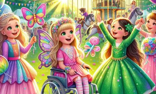 En un parque soleado, cuatro amigas están juntas, rodeadas de colores vivos y decoraciones de carnaval. Sofía, una niña de 8 años, disfrazada de mariposa con alas multicolores brillantes, sonríe alegremente sosteniendo un gran globo en forma de mariposa. Clara, de 9 años, lleva un vestido rosa de princesa y una diadema brillante, levantando los brazos con entusiasmo. Ana, de 7 años, vestida de hada con un vestido verde y una varita mágica brillante, mira a su alrededor con ojos maravillados. Valeria, de 8 años, en silla de ruedas y disfrazada de dragón verde con escamas brillantes, está en el centro del grupo, radiante de felicidad. El parque está lleno de flores coloridas, globos flotantes y guirnaldas de luz, mientras un gran carrusel gira al fondo, iluminado por el sol poniente. Las cuatro amigas ríen y se divierten juntas, compartiendo momentos de alegría en una atmósfera festiva y mágica.