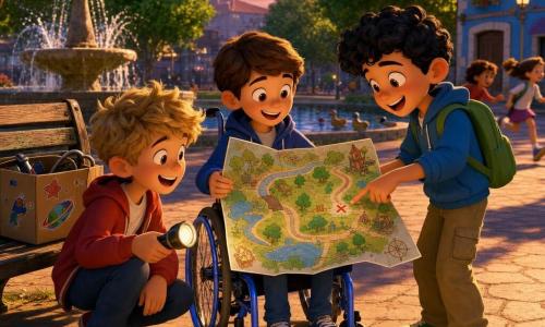 Hay 3 personajes: Marcos — niño de ~9 años, pelo castaño corto, sentado en una pequeña silla de ruedas azul brillante, sonriente y extendiendo un gran mapa colorido hacia adelante, al centro; Santi — niño de ~9 años, pelo rubio despeinado, chaqueta roja, agachado a la izquierda de Marcos con una linterna, mirando el mapa con entusiasmo; Rami — niño de ~9 años, piel oliva, pelo negro rizado, de pie a la derecha de Marcos señalando un dibujo en el mapa y riendo, con mochila verde. Lugar: una pequeña plaza de barrio al crepúsculo con banco, fuente redonda con salpicaduras, árboles de hojas verdes brillantes, un pequeño estanque de patos y una casa azul en la esquina; suelo empedrado con piedras cálidas y largas sombras. Situación principal: los tres amigos despliegan un gran mapa colorido sacado de una caja de cartón decorada sobre el banco; escena alegre y dinámica con risas y gestos entusiastas, otros niños desenfocados corriendo hacia el mapa, paleta saturada, contrastes marcados, iluminación dorada del ocaso, siluetas en cel-shading y composición centrada en el mapa y los rostros felices.