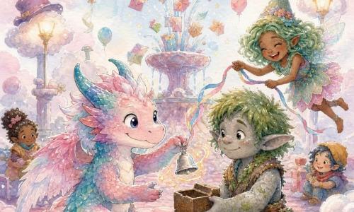 A small dragon named Fizzletop, cheerful and shy with a rounded snout and pastel pink-and-turquoise scales, fluffy wings and bright round eyes, delicately holds a tiny silver bell and offers it; Grumble, an ~8-year-old boy troll with mossy green hair and soft stone-like skin, smiles emotionally and holds open a small wooden box to receive the bell; a green-haired pixie girl in a pointed hat floats nearby laughing and holds a colorful ribbon to tie the bell; they stand on Puffball Plaza, a floating square with cotton-candy pink cobbles, a gift-sprouting fountain, cloud lampposts with hats and floating balloons; the tender exchange shows Grumble attaching the bell to the box with the ribbon, a small jingle sending watercolor stars and sparkles around, warm and intimate atmosphere.