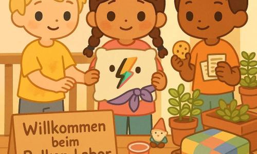 Mina, 10 Jahre, rundes Gesicht, braune Zöpfe, große glänzende Augen, verlegene und erleichterte Miene mit geröteten Wangen, hält ein beflecktes Kissen mit einem schwarzen Strich, der als "Blitz" umgedeutet wird, trägt ihm einen bunten Stoffumhang; links Ben, 9 Jahre, blonder zerzauster Haarschopf, zitronenfarbenes Wasserflecken-T-Shirt, betroffen lächelnd, legt schützend die Hand aufs Kissen; rechts Leni, ca. 9 Jahre, hellbraune kurze Haare, schelmisches Lächeln, hält Klebe-Eintrittskarten und eine Keksdose, bietet einen Keks an; kleiner gemütlicher Balkon mit gestrichener Holzbrüstung, unterschiedlichen Kissenkisten, Töpfen mit Minze und Basilikum, kleinem Gartenzwerg, Pappschild "Willkommen beim Balkon-Labor" auf dem Tisch mit Filzstiften und umgestoßenem Saftbecher; improvisiertes Kissentheater, aus Fehlern wird ein bunter Held, helle fröhliche Atmosphäre, lebhafte Pastellfarben, einfache Komposition, weiche Texturen, goldenes Spätnachmittagslicht.