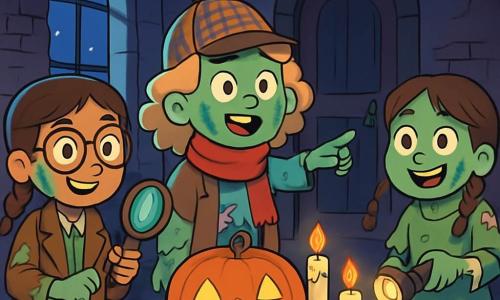 Er zijn 3 personages: - Noor: een 10-jarig meisje met bruin gevlochten haar en ronde bril. Ze draagt een zombie-detectivekostuum met een vergrootglas in de hand, staat links met een nieuwsgierige glimlach. - Yara: een 10-jarig meisje met krullend blond haar en een grote rode sjaal. Ze staat in het midden, gekleed in een zombiekostuum met een detectivehoed, wijst naar een mysterieuze deur. - Lotte: een 10-jarig meisje met kastanjebruin haar en vlechten. Ze draagt een zombiekostuum met nepverbanden en staat rechts, met opgewonden ogen en een zaklamp in de hand. De locatie is een oud verlaten huis met gebarsten bakstenen muren en spinnenwebben in de hoeken. Het maanlicht valt door de stoffige ramen en creëert dansende schaduwen op de gekraakte houten vloer. Een grote tafel in het midden is versierd met oranje confetti en flikkerende kaarsen, terwijl een glimlachende pompoenlamp de scène verlicht. De belangrijkste situatie toont de drie vriendinnen, verkleed als zombie-detectives, die nieuwsgierig het spookhuis verkennen, klaar om het mysterie van een mysterieuze uitnodiging op te lossen, omringd door een zowel angstaanjagende als leuke sfeer.