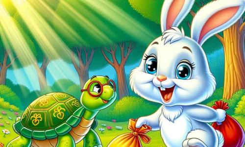 Un piccolo coniglio bianco di nome Leo, con occhi blu scintillanti e un ampio sorriso gioioso, sta saltando in una radura verde, circondato da fiori colorati. Accanto a lui, una saggia tartaruga di nome Tilly, con un guscio verde decorato da motivi dorati, guarda Leo con uno sguardo incoraggiante, mentre tiene una piccola pala tra le zampe. Il luogo è una bella radura soleggiata, circondata da alberi maestosi con foglie di un verde brillante, con raggi di sole che filtrano tra i rami, illuminando il terreno cosparso di fiori multicolori. La scena principale mostra Leo e Tilly intenti a raccogliere rifiuti in sacchetti colorati, mentre altri animali del bosco, come scoiattoli e uccelli, li osservano con curiosità, pronti ad aiutarli nella loro missione di pulizia e protezione della natura.