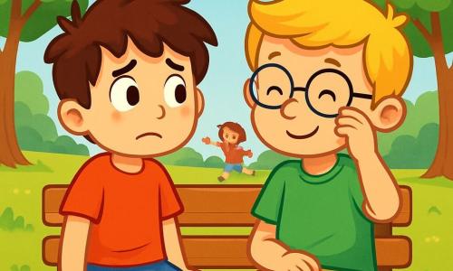 Ci sono 2 personaggi principali: Matteo, un ragazzo di 8 anni con capelli castani disordinati e occhi vivaci, indossa una maglietta rossa e pantaloni corti blu, e si trova a sinistra con un'espressione preoccupata. Luca, un ragazzo di 8 anni con capelli biondi e occhiali rotondi, indossa una maglietta verde e pantaloni beige, è a destra mentre si asciuga le lacrime con un sorriso timido, mostrando di sentirsi meglio. La scena si svolge in un parco soleggiato, circondato da alberi verdi e un grande campo da gioco con erba verde brillante. Sullo sfondo, ci sono bambini che ridono e giocano, sotto un cielo azzurro punteggiato di nuvole bianche. L'episodio principale mostra Matteo e Luca seduti su una panchina di legno, discutendo delle loro emozioni dopo un incidente di gioco, con Matteo preoccupato e Luca che inizia a sorridere, simboleggiando il passaggio dalla tristezza alla comprensione e all'amicizia.