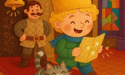 Mały książę (chłopiec) uśmiechnięty i zachwycony, blond loki, za duża błyszcząca złota koronka z tkaniny, która „klik-klak”, trzyma błyszczącą papierową, brokatową mapę i kroczy radośnie, obok niego przy stopach przytulny, okrągły kot królewski w szaro-białe paski, mruczy ocierając się o buty; za księciem z lewej stoi rycerz (~35 lat) z wąsami jak sprężyny, w wypikowanym stroju, z rękami w pasie, rozbawiony; na drzwiach przyszyta złota dzwoneczek z wyszywaną twarzą, która kicha i sypie iskrami; sala tronowa jak patchwork: czerwony filcowy dywan, ściany haftowane złotymi kwiatowymi wzorami, kolorowe witraże z przejrzystych tkanin i fioletowe aksamitne kolumny; główna scena: książę podąża za błyszczącą mapą, z której trzy migoczące strzałki podskakują i szepczą, dwór lekko się śmieje, atmosfera zabawna, żywe kolory i wyraźne zszyte faktury.