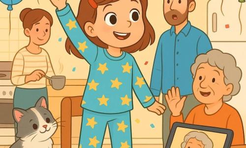Una niña de 8 años, alegre y soñadora, ojos brillantes y sonrisa ladeada, pelo castaño medio con una horquilla roja, en pijama de estrellas, está de pie sobre una silla levantando una mano como si dirigiera la fiesta; un gato llamado Pompón, pelaje blanco y gris y muy esponjoso, juega con una cinta en el suelo junto a la mesa; una madre de unos 35 años, pelo recogido y blusa a rayas, remueve una taza de chocolate caliente junto a la cocina sonriendo; un padre de unos 37 años, barba ligera y camisa azul, finge no cantar con la boca entreabierta junto al frigorífico; una abuela de unos 65 aparece en la pantalla de una tableta sobre la mesa, rostro arrugado y cálido, saludando; cocina luminosa con azulejos claros, mesa de madera con una libreta abierta que dice PLAN DE CUMPLE en letras de colores, globos en el techo, guirnaldas de papel, confeti y una pequeña caja marcada NO MIRAR; escena de la mañana preparando un cumpleaños, composición centrada en la niña y la mesa, estilo colorido de líneas nítidas, paleta cálida y pastel y expresiones faciales muy legibles.