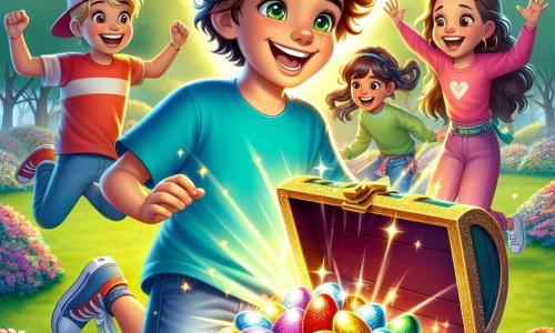 Un ragazzo di 10 anni, Giacomo, con capelli castani in disordine e occhi scintillanti di gioia, si trova al centro dell'immagine, con un grande sorriso mentre apre un baule luccicante pieno di uova di cioccolato colorate. Indossa una maglietta blu vivace e un pantaloncino di jeans, circondato da un'aura di eccitazione e magia. Alla sua destra, una ragazza di 9 anni, Sofia, con lunghe trecce castane e una maglietta rosa, salta di gioia con le braccia alzate, condividendo l'entusiasmo di Giacomo. A sinistra, Matteo, un ragazzo di 10 anni con un cappello da baseball rosso e una maglietta verde, guarda stupito il tesoro, con le mani sui fianchi. Il contesto è una bella radura nel parco, circondata da alberi con foglie verdi brillanti e fiori colorati che danzano al vento. Il sole splende alto nel cielo, proiettando ombre morbide sul terreno. La scena principale mostra Giacomo e i suoi amici che scoprono il tesoro di Pasqua, un grande baule pieno di uova di cioccolato, dopo aver seguito una pista magica, pieni di eccitazione e gioia, pronti a condividere la loro scoperta.