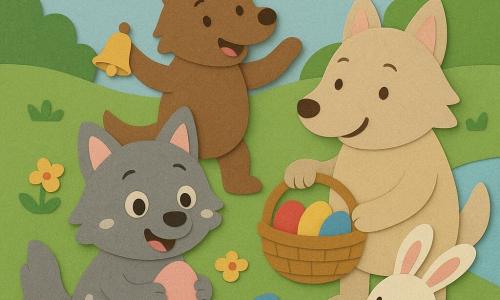 Un lupo bambino Lupoletto dal sorriso largo e occhi tondi tiene un uovo di Pasqua rosa; una mamma lupa tenera con pelliccia beige porta un cesto di uova rosse, gialle e blu; un papà lupo più grande scuote una campanella dorata; un coniglietto bianco con una carota siede vicino a un ruscello; una grande farfalla blu con puntini gialli sorvola un uovo blu sull'erba; scenario: prato verde con fiori, ruscello, cespugli e cielo pastello col sole, caccia alle uova gioiosa e tranquilla, personaggi sorridenti che condividono uova colorate, texture a collage di carta, colori piatti e contorni netti