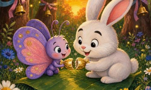 Una pequeña mariposa llamada Lila, de alas redondeadas color lavanda y rosa con lunares dorados, posa sobre una hoja compartiendo la mitad de un pequeño caramelo dorado con Tito, un conejito de Pascua blanco y regordete de largas orejas y sonrisa juguetona; diminutas luciérnagas amarillas revolotean como guirnaldas; escena en un claro al atardecer con hierba y flores, troncos con lazos y campanillas, luz naranja y sombras largas; ambiente tierno y festivo con destellos en las alas y brillo dorado en el envoltorio.