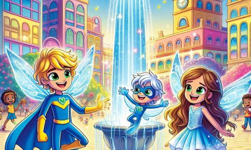 Um super-herói chamado Luminho está no centro da cena, com uma grande capa azul flutuando atrás dele. Ele tem cabelos dourados brilhantes, olhos verdes cheios de alegria e um sorriso caloroso. Luminho toca uma fonte que brilha com luzes coloridas, iluminando seu rosto com reflexos brilhantes. Ao seu lado, a Fadinha Azul, uma menina de cerca de 8 anos, com asas translúcidas e cabelos longos e ondulados, voa alegremente agitando os braços. Ela usa um vestido azul cintilante e sorri, contribuindo para a atmosfera mágica da cena. Um pouco atrás, o Fortão, um garoto forte de 10 anos, exibe seus músculos levantando uma pedra grande com um sorriso orgulhoso, pronto para ajudar. A cena ocorre na praça central de Luminópolis, cercada por edifícios coloridos, árvores floridas e crianças brincando. A fonte, antes vazia, agora brilha intensamente, projetando gotas de água cintilantes que dançam no ar. A situação principal mostra Luminho, a Fadinha Azul e o Fortão unidos em um momento de camaradagem, iluminando a cidade com sua magia e amizade, trazendo alegria a todos ao redor.