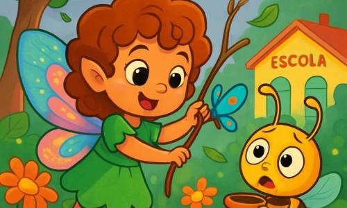 Luna, uma pequena fada com asas brilhantes e coloridas, cabelos cacheados e olhos cheios de curiosidade, está no centro da imagem, sorridente e determinada, libertando uma pequena borboleta presa em um galho. À sua direita, Filo, um inseto com antenas douradas e corpo listrado, observa com admiração, seus olhos redondos cheios de preocupação, mas também de esperança, segurando um pequeno pote de terra. Ao fundo, o jardim da escola está repleto de flores vibrantes, grandes árvores com folhas verdes e um céu nublado, criando uma atmosfera mágica e levemente tempestuosa. A cena mostra o momento em que Luna e seus amigos unem forças para proteger a natureza, com folhas rodopiando ao redor deles por causa do vento.