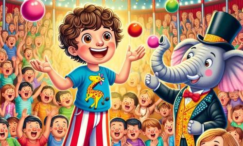 Un ragazzo di 9 anni, Marco, con capelli castani e ricci, indossa una maglietta colorata con una giraffa e pantaloni a righe. Ha un grande sorriso sul volto, pieno di eccitazione e meraviglia, mentre è sul palco, pronto a giocolare con palline colorate. Accanto a lui, un giocoliere di nome Lino, circa 30 anni, con un cilindro e un costume scintillante, sorride incoraggiando Marco. Sullo sfondo, un grande tendone da circo dai colori vivaci, rosso e bianco, è pieno di spettatori entusiasti che applaudono e ridono. Le luci brillanti illuminano il palco, creando un'atmosfera magica e gioiosa. La scena principale mostra Marco, nervoso ma determinato, pronto a giocolare per la prima volta davanti al pubblico, mentre un elefante del circo, curioso, osserva la scena con le grandi orecchie e la proboscide alzata, aggiungendo un tocco di umorismo all'illustrazione.