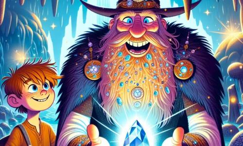 Oddmund, un hombre de barba larga y espesa, lleva un gran sombrero adornado con runas brillantes. Su rostro expresa una determinación alegre, con ojos chispeantes de curiosidad. Se encuentra frente a una cueva oscura, con los brazos extendidos, sosteniendo una gema brillante, el Ojo de Skadi, que emite un resplandor azulado. A su lado, Finn, un niño de unos 10 años, con el cabello desordenado y una sonrisa traviesa, mira a Oddmund con admiración. Lleva una túnica de cuero y sostiene un pequeño mapa enrollado, indicando el camino que han recorrido. En el fondo, la cueva del gigante Dormilón está llena de estalactitas brillantes y grandes piedras, mientras que rayos de luz filtran a través de la entrada, iluminando la escena. La situación principal muestra a Oddmund triunfante, habiendo recuperado el Ojo de Skadi, listo para enfrentar los desafíos que le esperan, mientras que roedores gigantes, curiosos, observan la escena desde un rincón de la cueva.