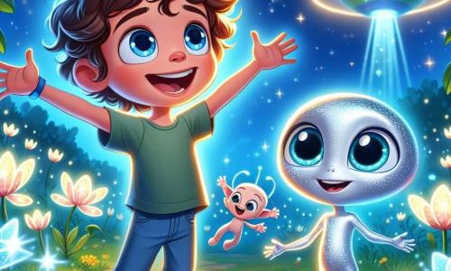 An 8-year-old boy named Oliver, with curly brown hair and sparkling blue eyes, stands in the center of the image with his arms raised in joy, a big smile lighting up his face. Next to him is a small alien named Zara, with shimmering silver skin and large round eyes, joyfully floating in the air with her arms open as if to embrace her friend. The setting is an enchanted clearing filled with glowing flowers that shine like stars, under a starry night sky. In the distance, a colorful, round, shiny spaceship is parked, adding a touch of magic to the scene. The main situation shows Oliver and Zara celebrating their victory after retrieving the last Light Crystal, surrounded by bright glows illuminating their faces, symbolizing hope and friendship.