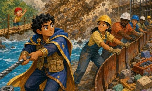 Orion, a determined man with curly black hair, bright eyes and a blue-and-gold cape, strains on a thick shiny cable toward the bridge while workers, including Mei (≈30) in a dusty yellow hard hat and coveralls, push curved rusty metal barriers to redirect a brown-and-gray debris avalanche toward a vacant lot by a wide blue river; a frightened six-year-old boy in a red hat stands on the narrow wooden bridge among other children, reaching toward Orion as dust swirls under a cloudy sky and an elevated glass-and-metal promenade towers above.